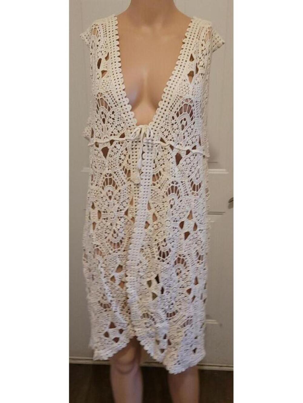 Gleamiss Women's Beige Crochet Boho Kimono Midi Dress Cover Up One Size